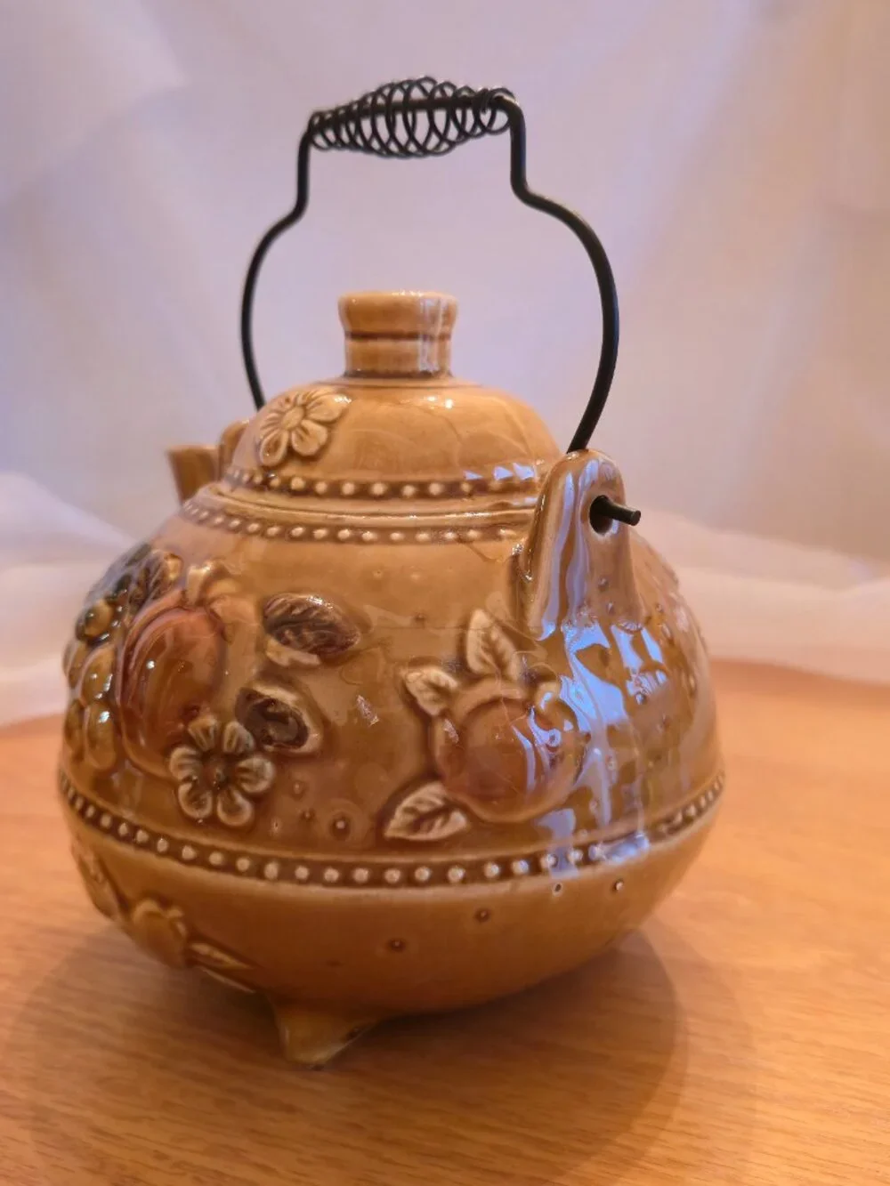 Vintage Footed Teapot with Fall Harvest Fruit Theme, Mustard Color Made in Japan